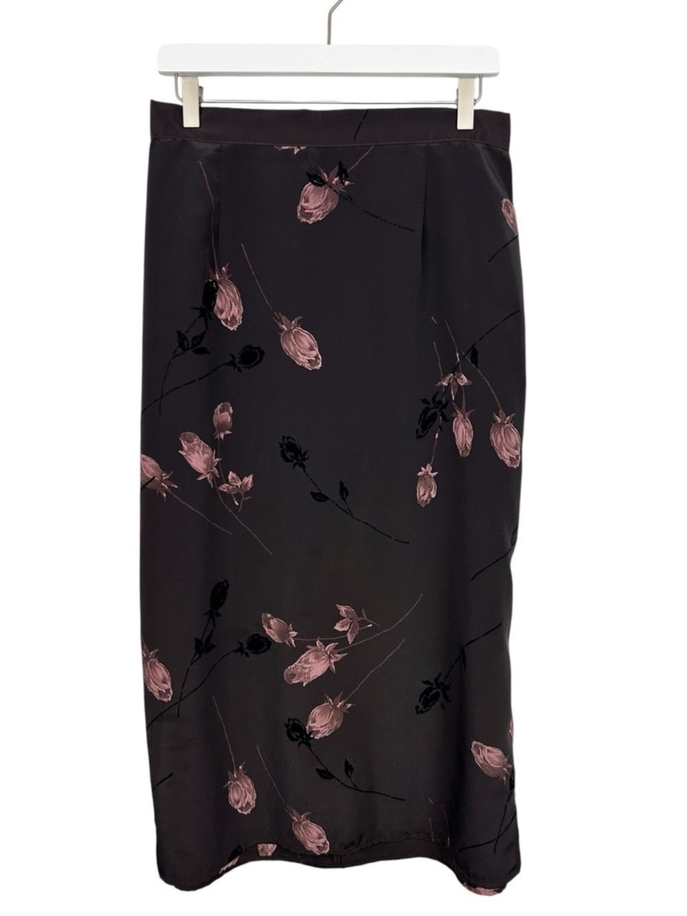 Fashion Bug Brown Midi Skirt with Pink Rose Motif Size 14/16